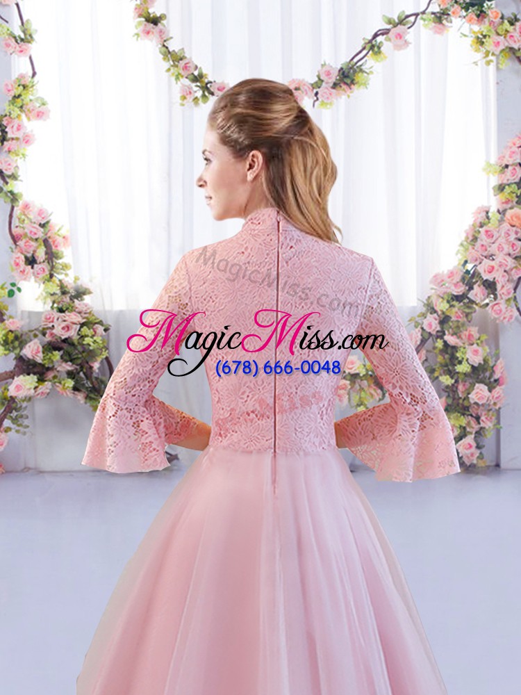 wholesale pink zipper quinceanera court of honor dress lace 3 4 length sleeve tea length