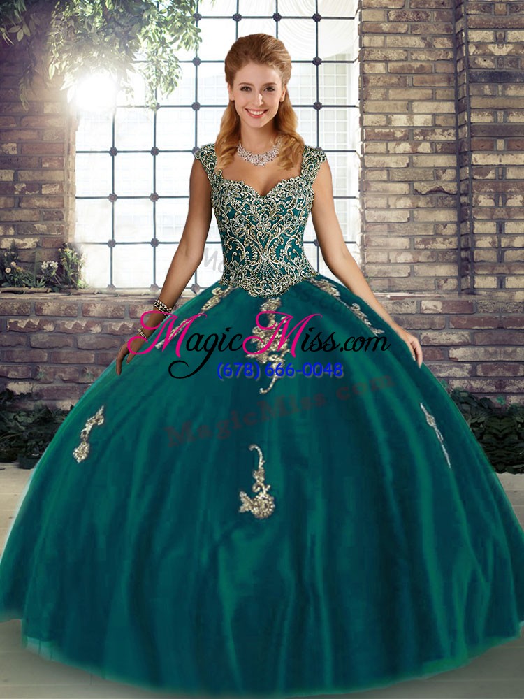 wholesale wonderful peacock green ball gowns beading and appliques 15 quinceanera dress lace up tulle sleeveless floor length