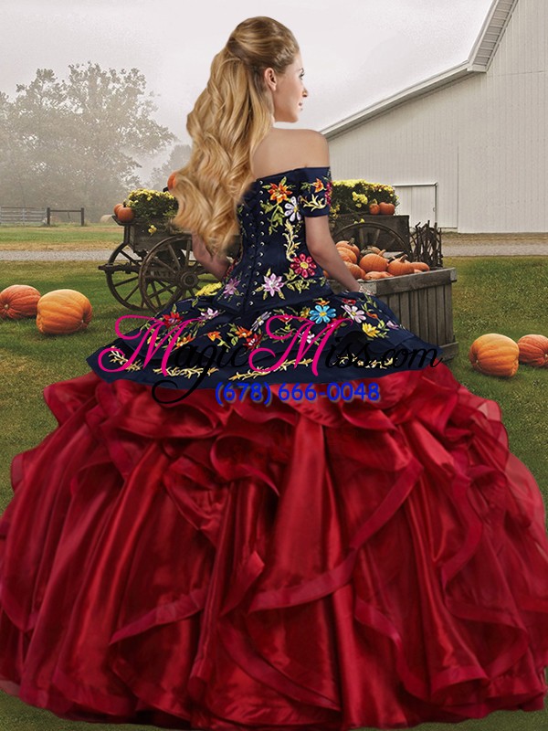 wholesale off the shoulder sleeveless lace up quinceanera gowns black and purple organza