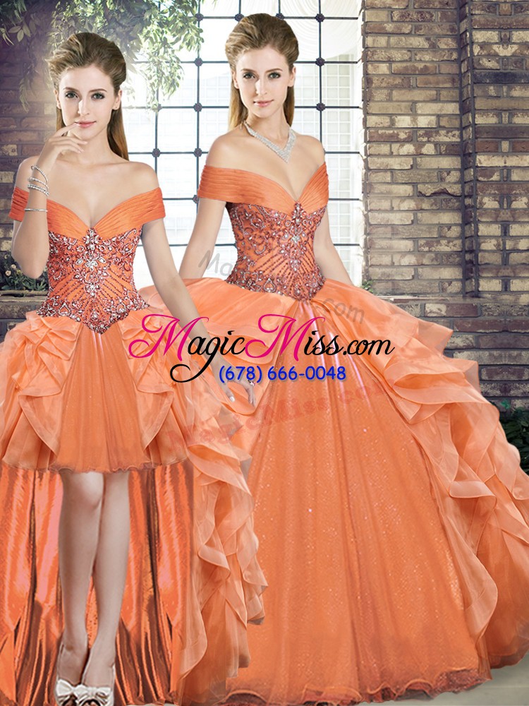 wholesale popular orange lace up quinceanera dress beading and ruffles sleeveless floor length