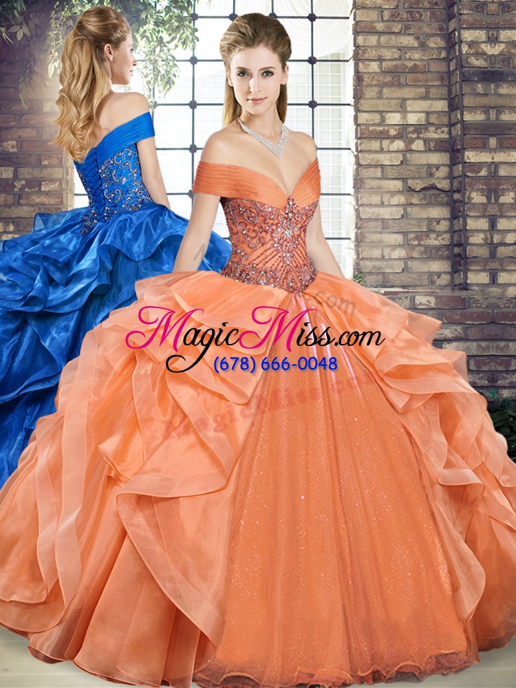 wholesale popular orange lace up quinceanera dress beading and ruffles sleeveless floor length