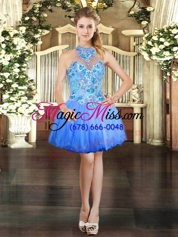 wholesale modern tulle halter top sleeveless lace up embroidery quinceanera gown in blue