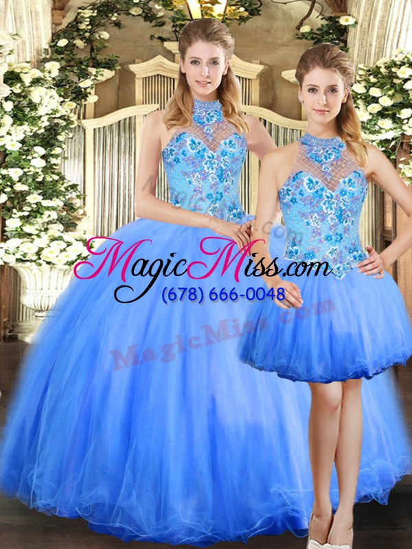 wholesale modern tulle halter top sleeveless lace up embroidery quinceanera gown in blue