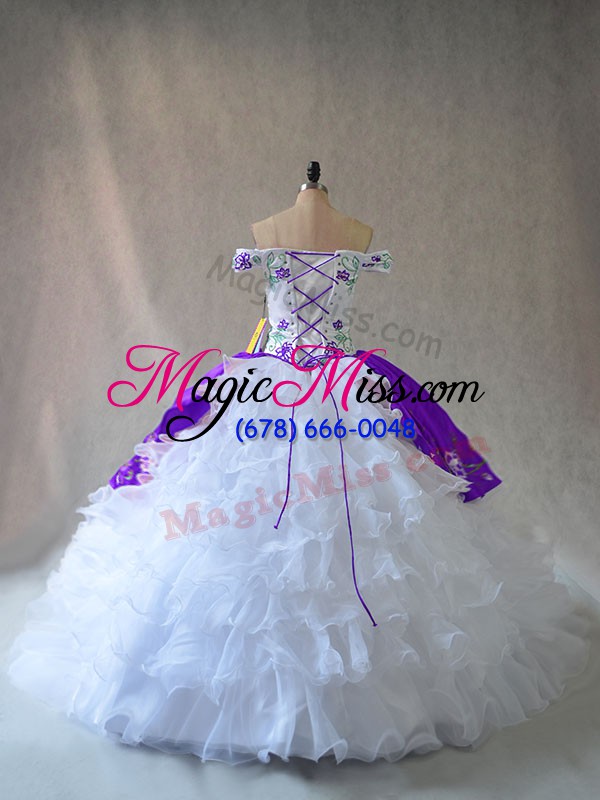 wholesale dynamic white and purple sleeveless floor length embroidery and ruffles lace up quinceanera gowns