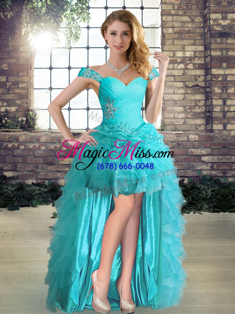 wholesale sleeveless floor length beading and ruffles and pick ups lace up vestidos de quinceanera with aqua blue