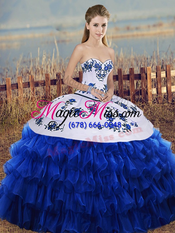 wholesale sexy royal blue lace up sweetheart embroidery and ruffled layers sweet 16 quinceanera dress organza sleeveless