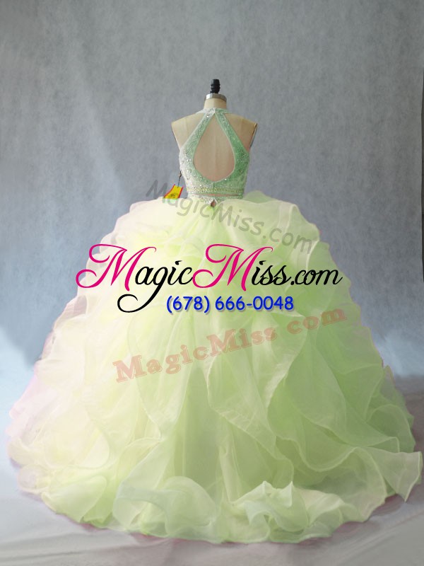 wholesale yellow green ball gowns organza halter top sleeveless beading and ruffles backless 15 quinceanera dress brush train