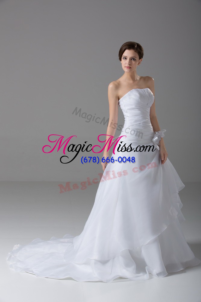 wholesale flare lace up wedding gowns white for wedding party with hand made flower brush train