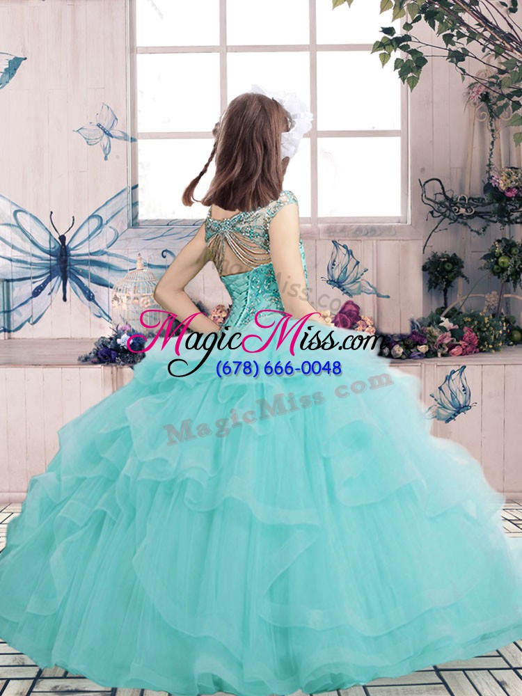 wholesale light blue sleeveless floor length beading and ruffles lace up little girls pageant dress wholesale