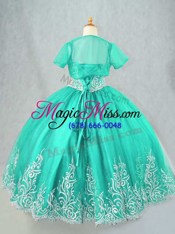 wholesale turquoise ball gowns tulle spaghetti straps sleeveless beading and embroidery floor length lace up little girls pageant gowns