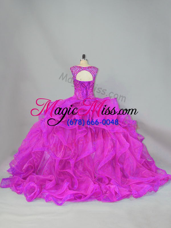 wholesale fuchsia organza lace up quinceanera dress sleeveless brush train beading