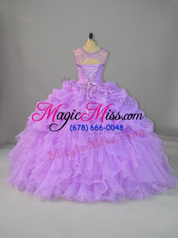 wholesale glittering organza scoop sleeveless lace up beading and ruffles quinceanera dresses in lavender