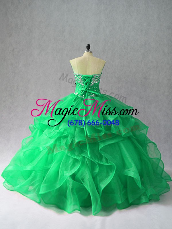 wholesale extravagant green organza lace up ball gown prom dress sleeveless floor length beading and ruffles