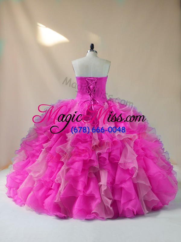 wholesale fuchsia lace up sweet 16 dresses beading and ruffles sleeveless floor length