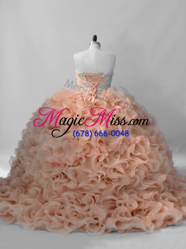 wholesale peach sleeveless fabric with rolling flowers brush train lace up quince ball gowns for sweet 16 and quinceanera