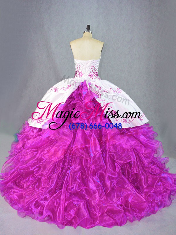 wholesale sweetheart sleeveless quinceanera gowns brush train beading and embroidery and ruffles fuchsia organza