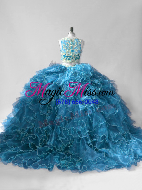 wholesale romantic two pieces sleeveless blue ball gown prom dress brush train zipper