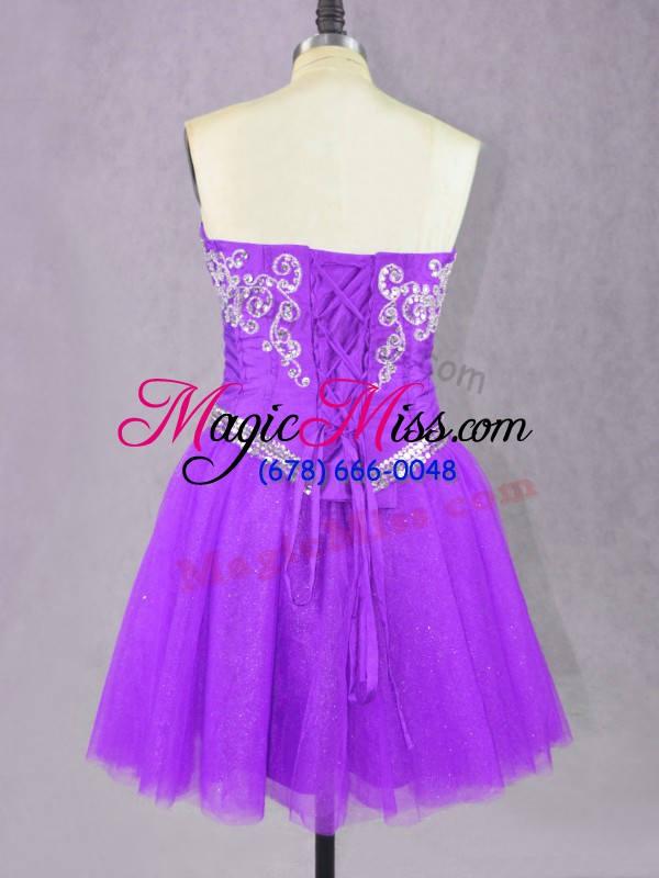 wholesale lilac a-line beading dress for prom lace up tulle sleeveless mini length