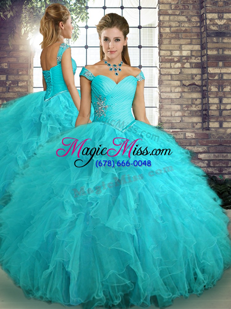 wholesale cute aqua blue two pieces beading and ruffles vestidos de quinceanera lace up tulle sleeveless floor length