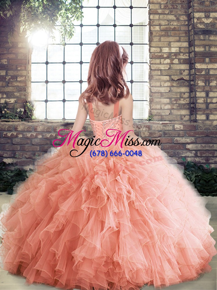 wholesale red tulle lace up pageant gowns for girls sleeveless floor length beading and ruffles