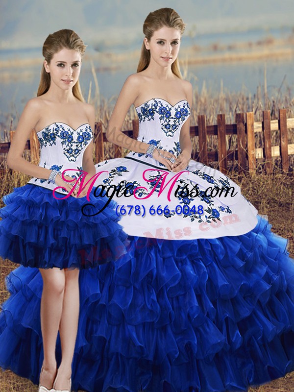 wholesale high class organza sweetheart sleeveless lace up embroidery and ruffled layers and bowknot sweet 16 quinceanera dress in royal blue