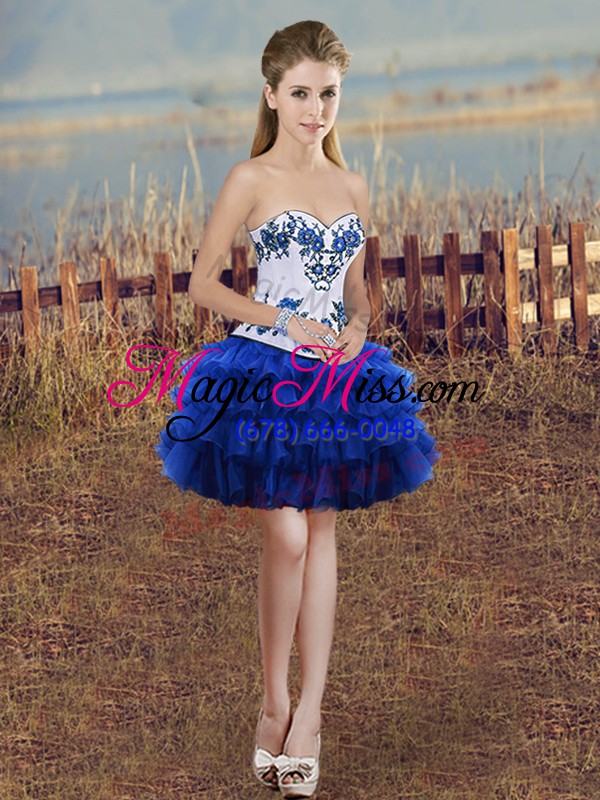 wholesale high class organza sweetheart sleeveless lace up embroidery and ruffled layers and bowknot sweet 16 quinceanera dress in royal blue