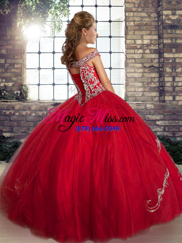 wholesale red off the shoulder lace up beading and embroidery 15th birthday dress sleeveless