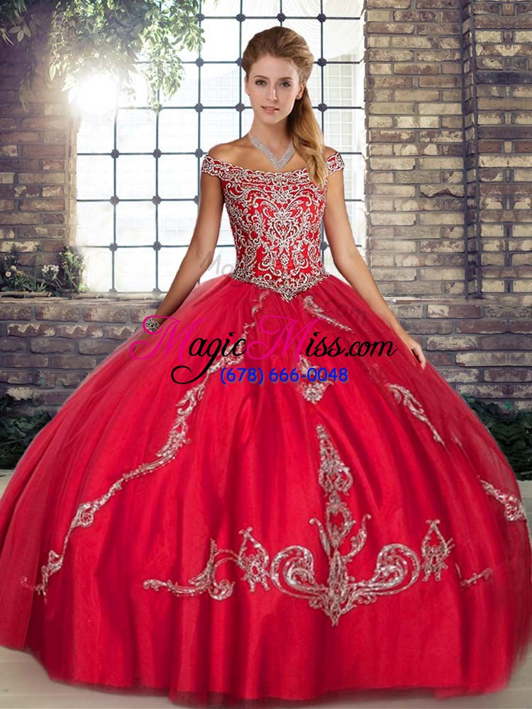 wholesale red off the shoulder lace up beading and embroidery 15th birthday dress sleeveless