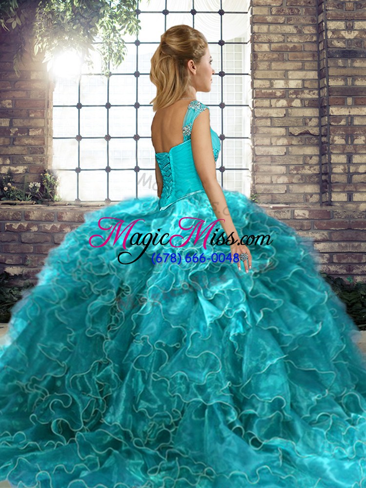 wholesale brush train ball gowns sweet 16 dresses turquoise off the shoulder organza sleeveless lace up