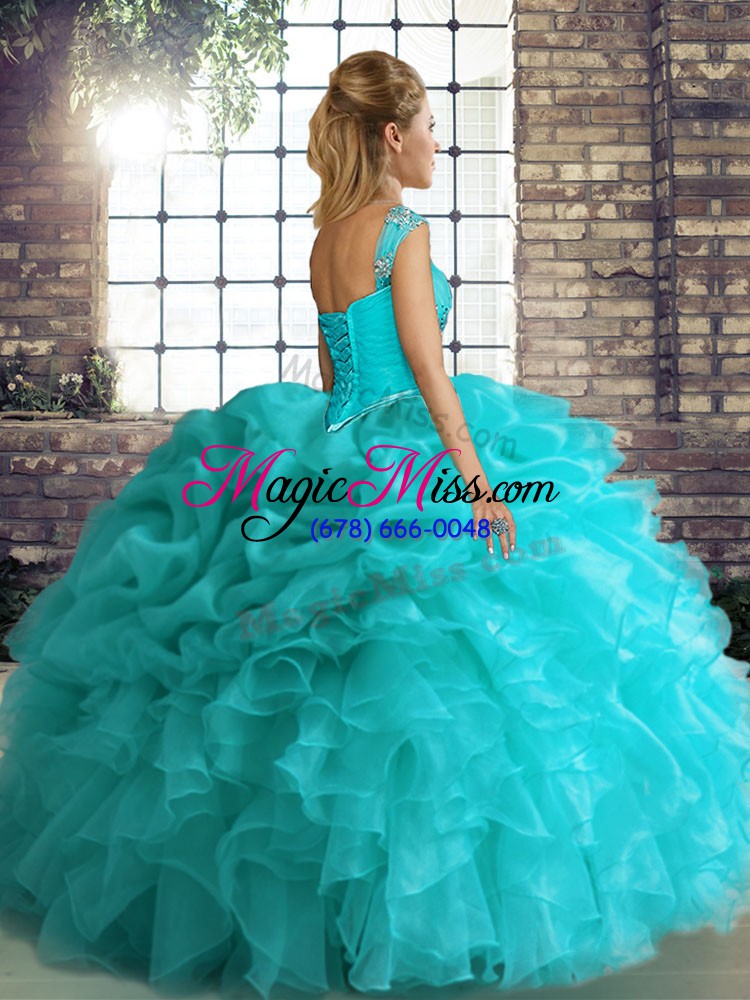 wholesale floor length blue sweet 16 quinceanera dress organza sleeveless beading and ruffles and pick ups