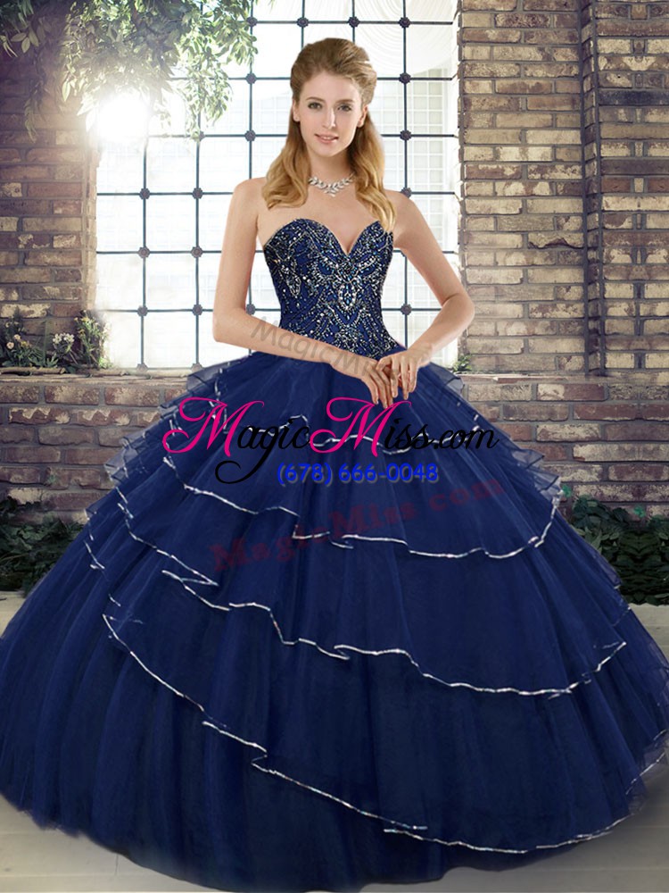 wholesale sweetheart sleeveless brush train lace up quinceanera gowns navy blue tulle