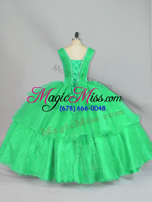 wholesale hot selling floor length turquoise quinceanera gowns organza sleeveless beading and ruffled layers and ruching