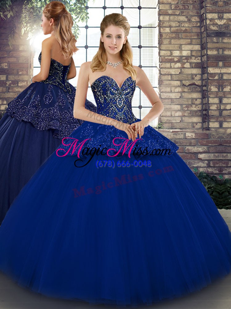 wholesale sweet sleeveless tulle floor length lace up quinceanera gown in royal blue with beading and appliques