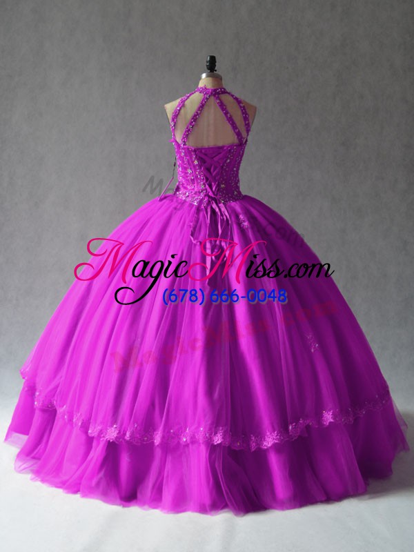 wholesale floor length fuchsia sweet 16 dress halter top sleeveless lace up