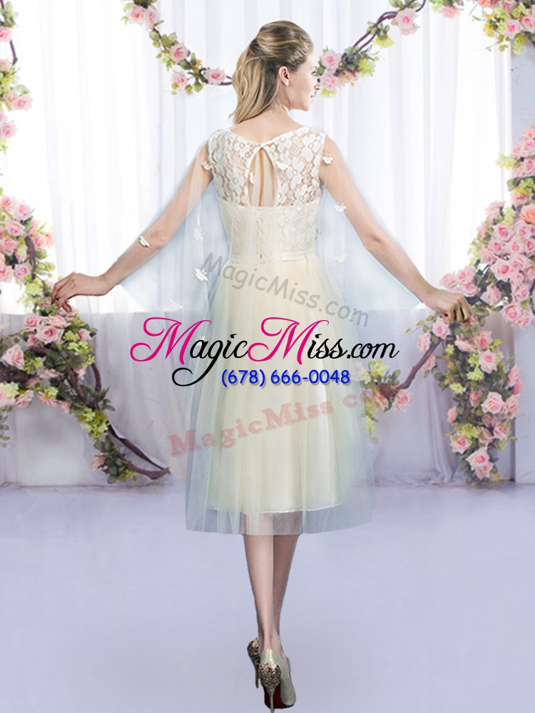 wholesale empire bridesmaid gown champagne scoop tulle sleeveless tea length lace up