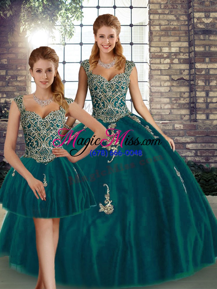 wholesale peacock green sleeveless floor length beading and appliques lace up 15 quinceanera dress