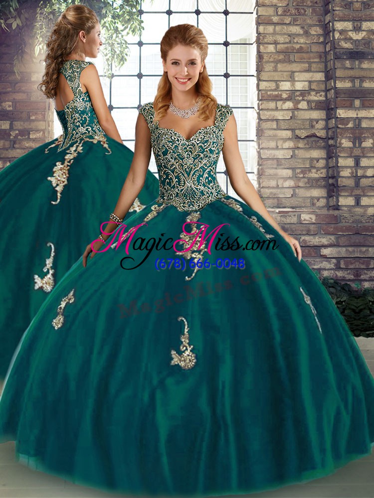 wholesale peacock green sleeveless floor length beading and appliques lace up 15 quinceanera dress