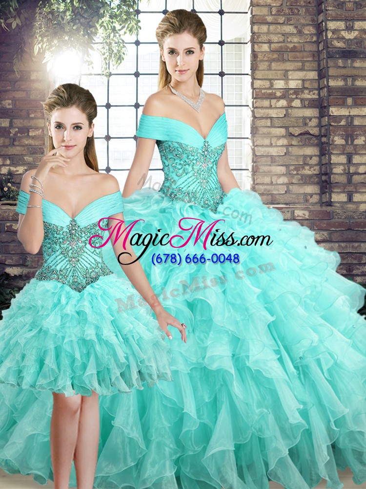 wholesale dramatic aqua blue organza lace up off the shoulder sleeveless quinceanera gowns brush train beading and ruffles