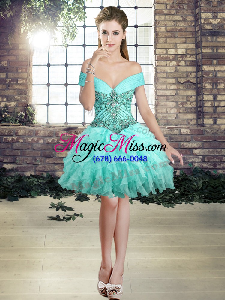 wholesale dramatic aqua blue organza lace up off the shoulder sleeveless quinceanera gowns brush train beading and ruffles