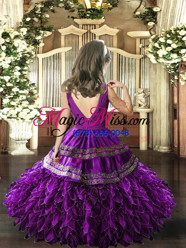 wholesale classical red ball gowns v-neck sleeveless floor length backless beading and appliques and ruffles kids pageant dress