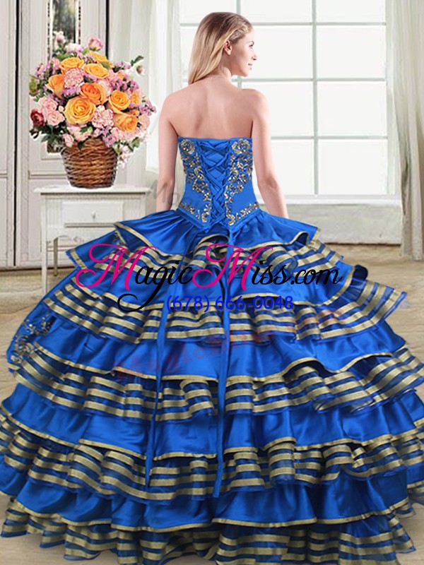 wholesale sweetheart sleeveless satin and organza quinceanera gowns embroidery and ruffled layers lace up