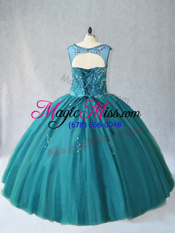 wholesale super teal sleeveless floor length beading lace up sweet 16 dresses