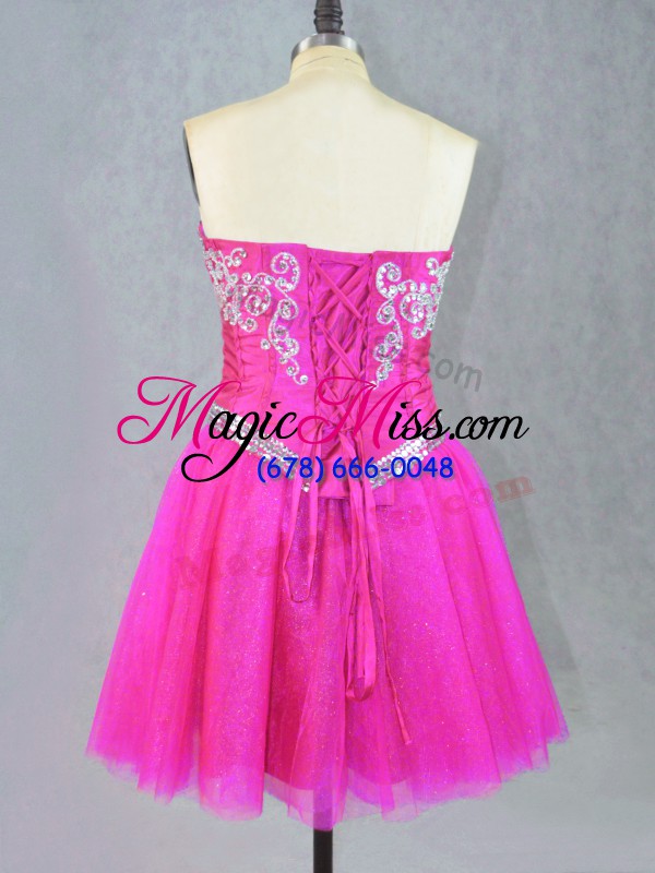 wholesale sleeveless mini length beading lace up homecoming party dress with fuchsia