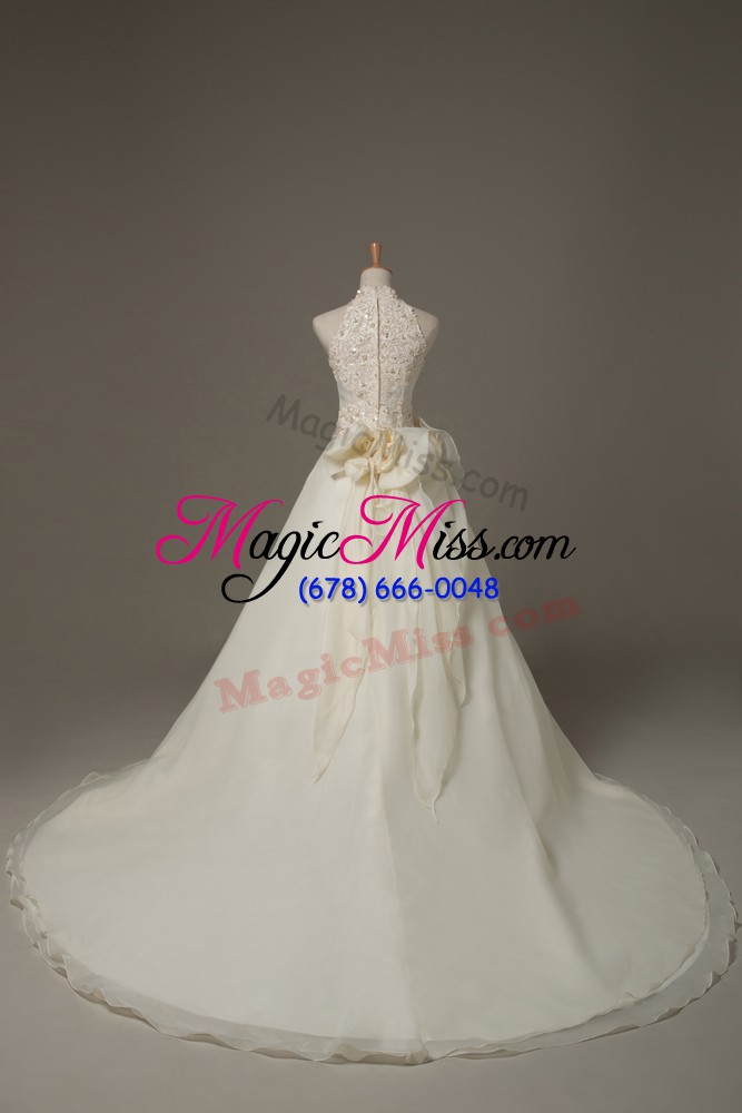 wholesale white high-neck neckline beading and lace and hand made flower bridal gown sleeveless zipper