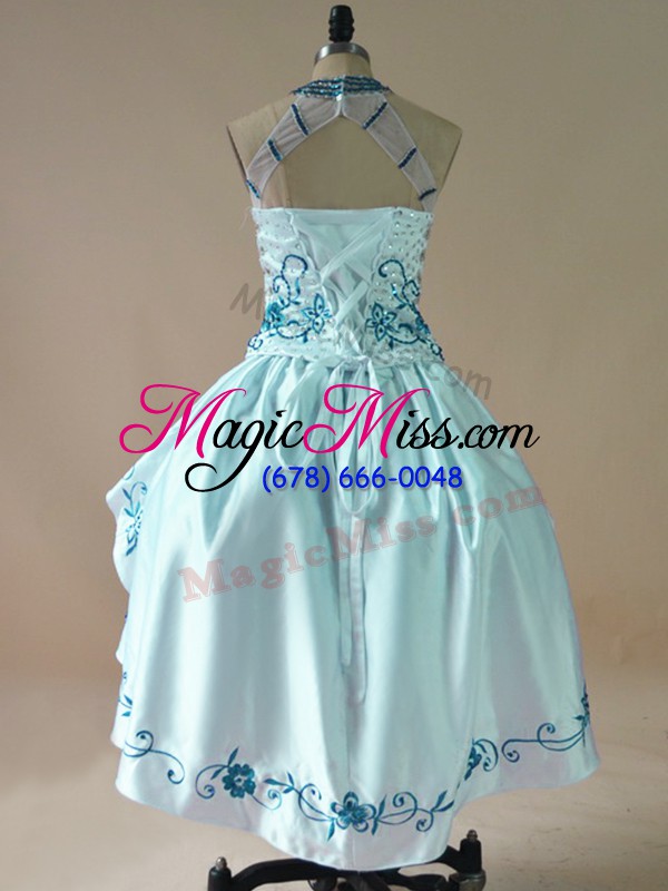 wholesale satin and organza high-neck sleeveless lace up embroidery and ruffles party dress for toddlers in aqua blue