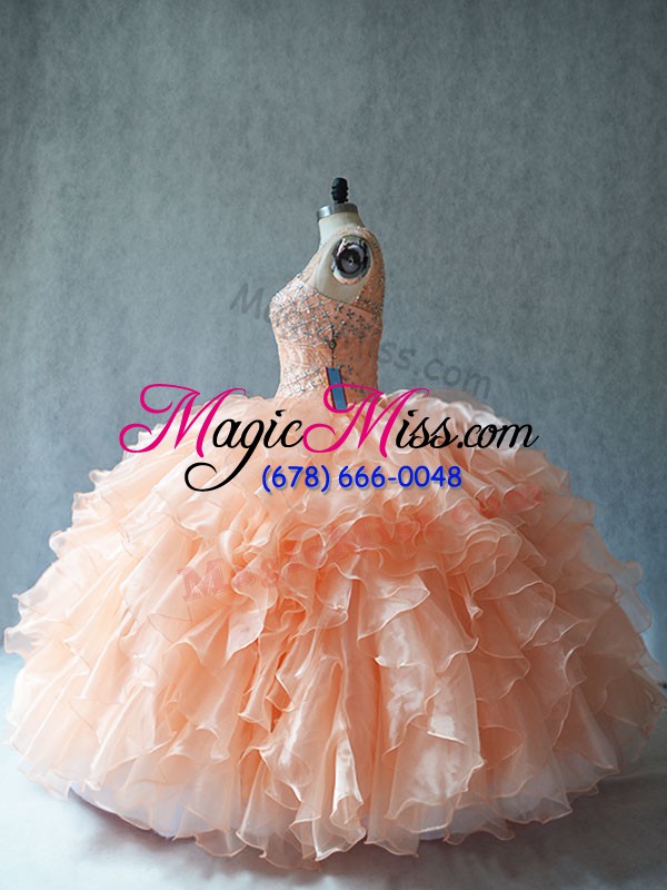 wholesale sleeveless floor length beading and ruffles lace up sweet 16 dresses with peach