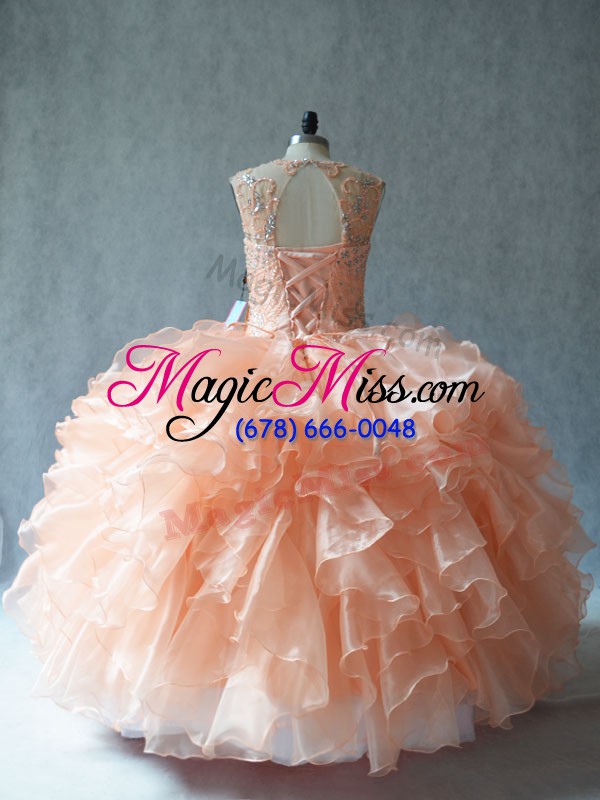 wholesale sleeveless floor length beading and ruffles lace up sweet 16 dresses with peach