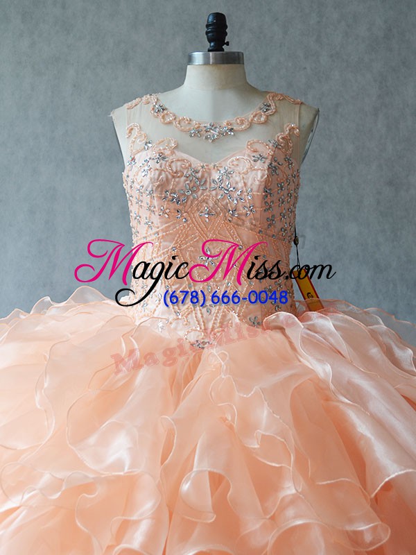 wholesale sleeveless floor length beading and ruffles lace up sweet 16 dresses with peach