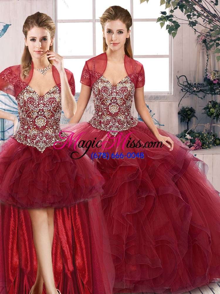 wholesale best selling floor length lace up sweet 16 quinceanera dress burgundy for military ball and sweet 16 and quinceanera with beading and ruffles