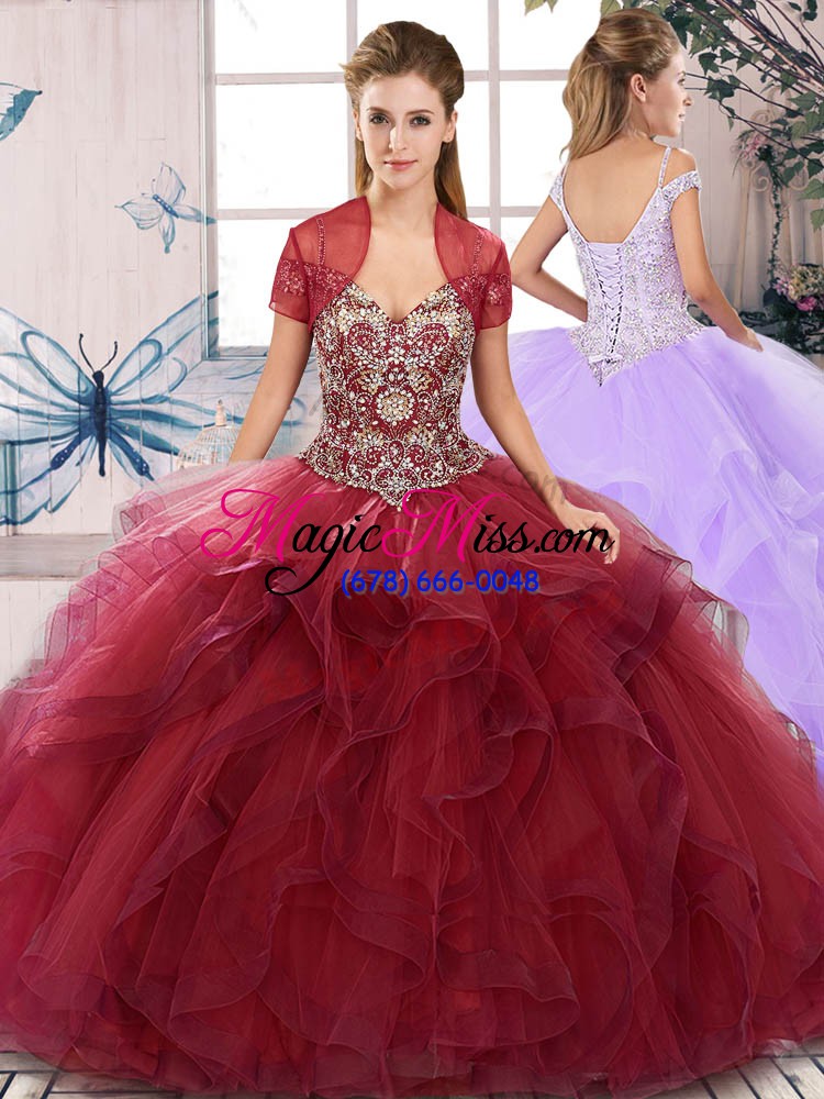 wholesale best selling floor length lace up sweet 16 quinceanera dress burgundy for military ball and sweet 16 and quinceanera with beading and ruffles